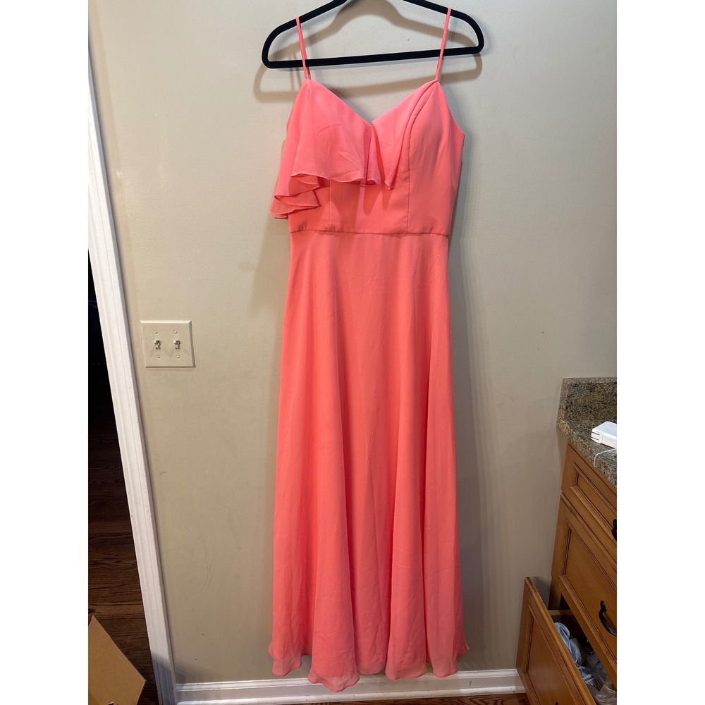 Mori Lee Madeline Gardner Coral Chiffon Ruffle Bridesmaid Dress Gown Size 10